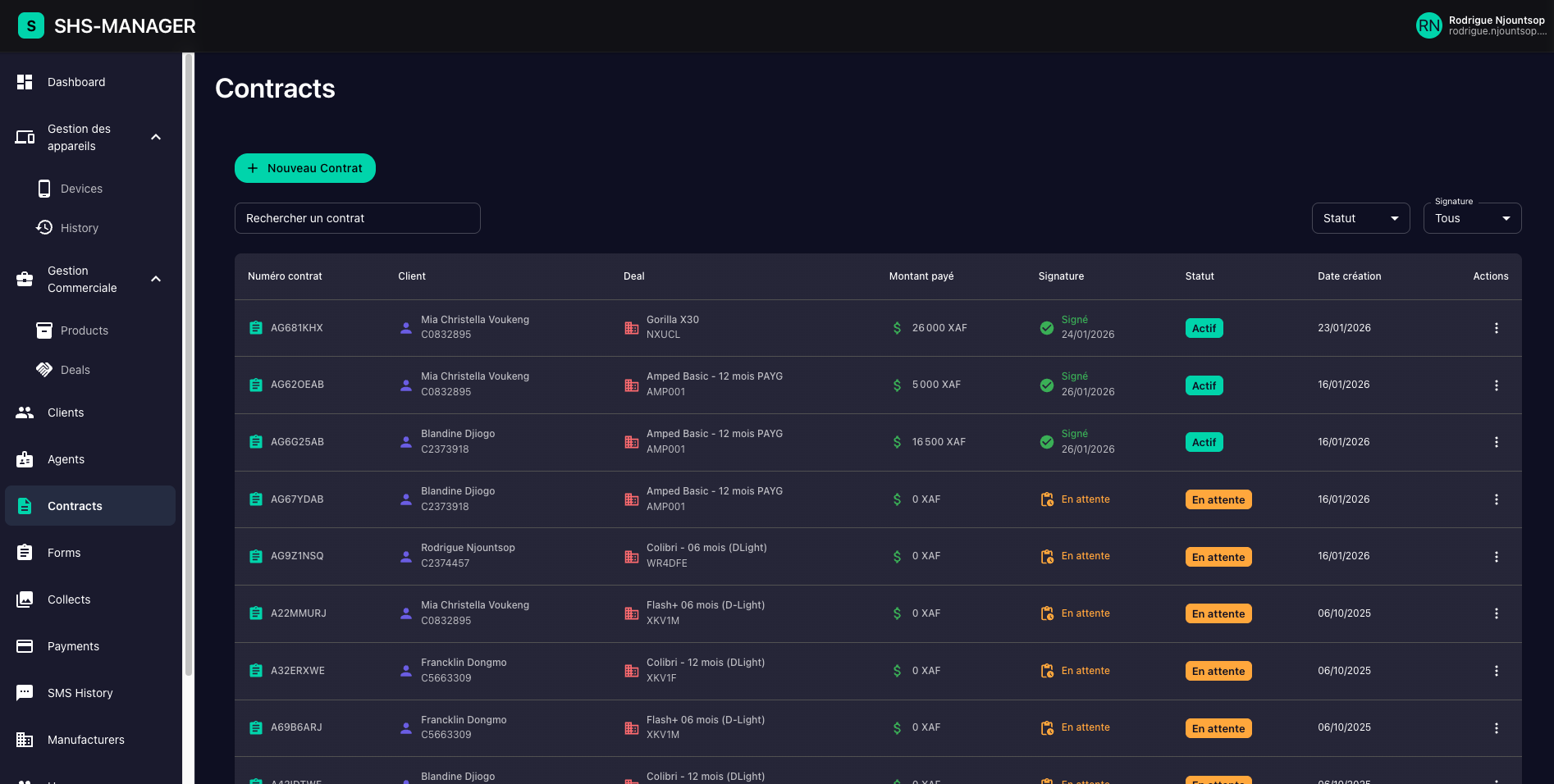 Gestion de la base clients SHS Manager - Liste et informations des utilisateurs