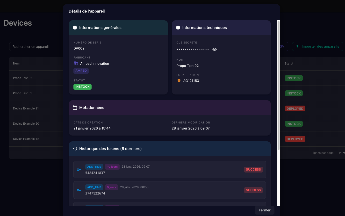 Interface de gestion des appareils Solar Home Systems - Liste et statuts des devices